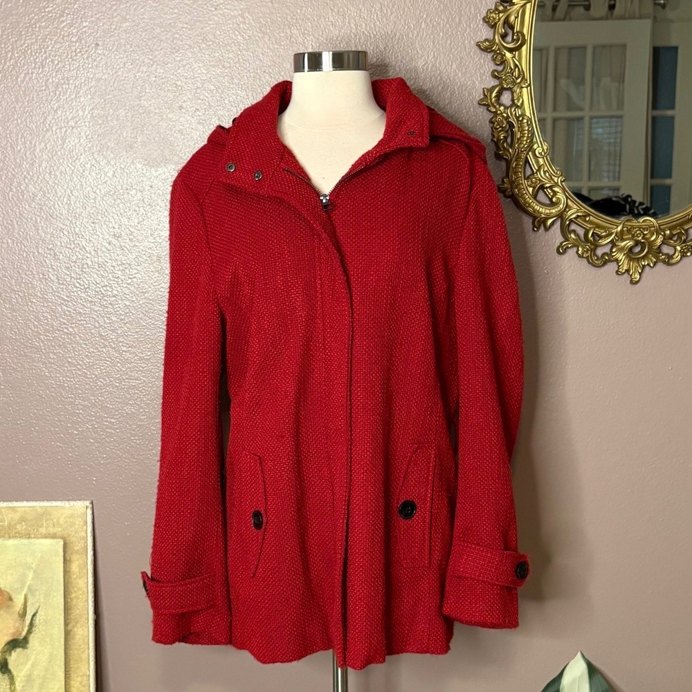 Nicole Miller‎ New York Red Textured Hooded Coat Jacket XL (Missing Belt)
